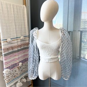 Zara White Long Polka Dot Puff Sleeves Crop Top Small